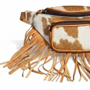 Nu Shuz Key West White Tan Fringed Cowhide Cow Print Crossbody Belt Bag